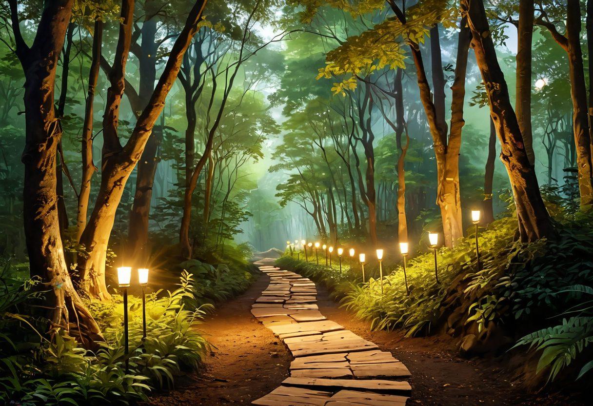 A serene landscape depicting a winding path through a lush forest, symbolizing a faith journey. Along the path, glowing lanterns representing dedication and devotion light the way, with diverse figures of people pausing to reflect and pray. The scene is bathed in warm, golden sunlight filtering through the trees, evoking a sense of peace and tranquility. super-realistic. vibrant colors. warm tones.