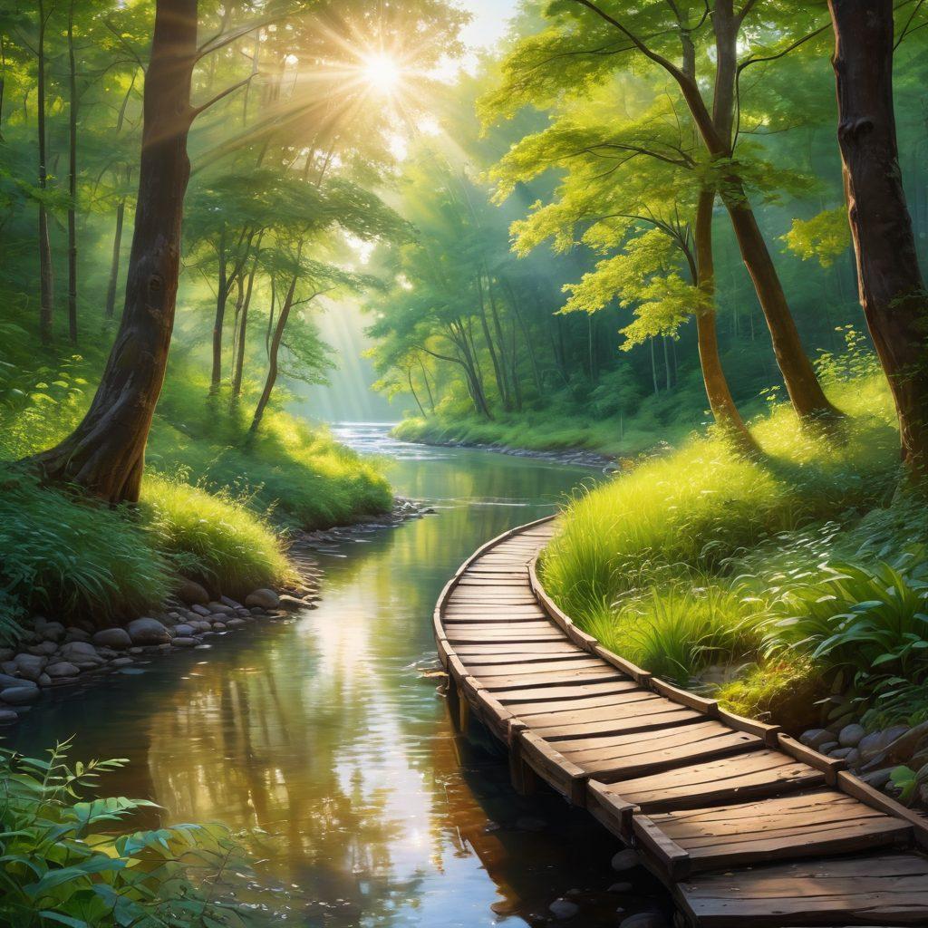 A serene landscape depicting a winding path through a lush forest, symbolizing the journey of loyalty and reflection. Include a tranquil river with gentle ripples, where a person sits on the bank, meditating with a soft, glowing aura around them. The sunlight breaks through the trees, casting dappled shadows on the ground, illustrating enlightenment. Soft and ethereal color palette that evokes a sense of peace and spirituality. painting. vibrant colors.