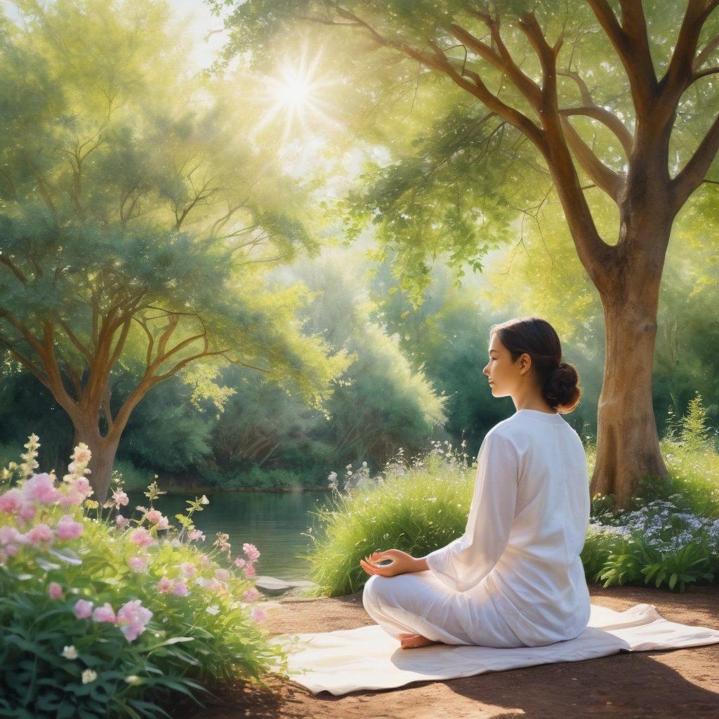 A serene scene of a person meditating in a tranquil garden, surrounded by blooming flowers and soft sunlight filtering through trees, symbolizing peace and devotion. In the background, a subtle representation of various religious symbols to reflect diversity in faith practices. The person's posture exudes calmness and spiritual focus, inspiring a journey of faith. watercolor painting. soft pastel colors. natural light.